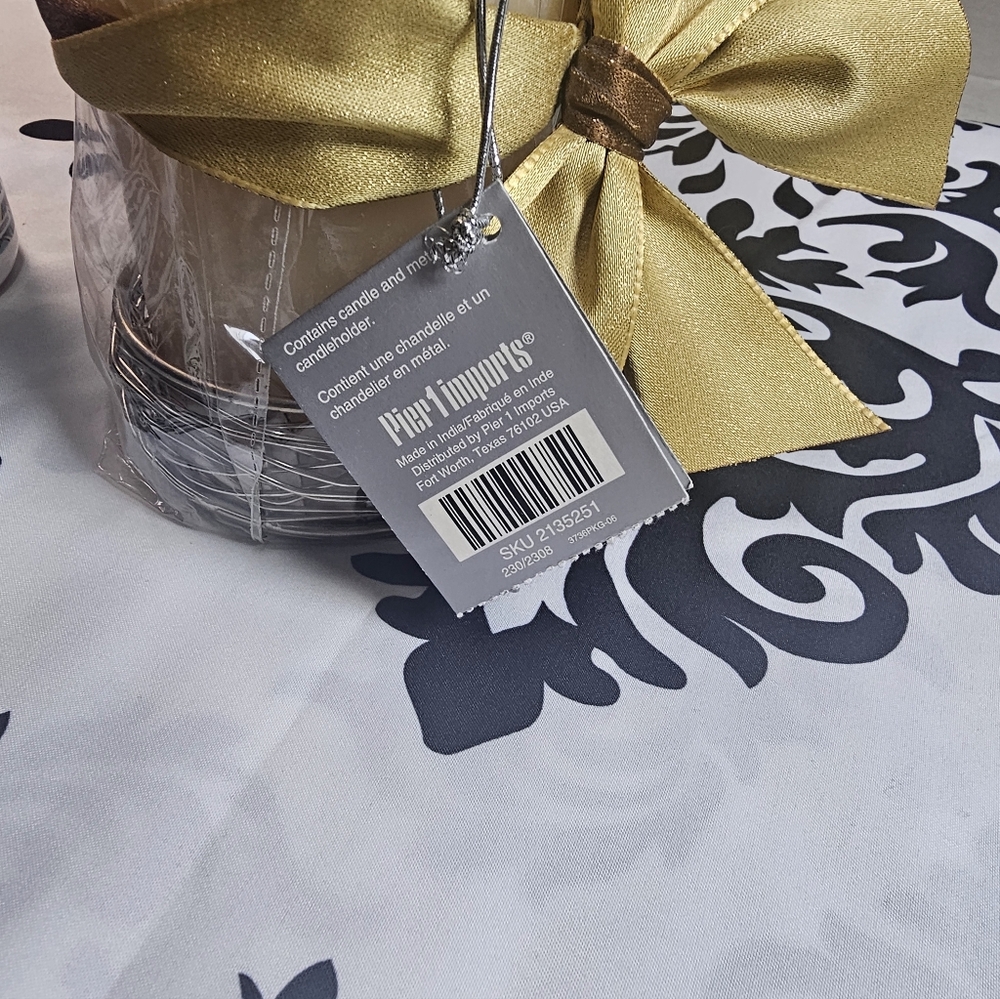 Pier 1 Imports Gift Set. Gold and Cream Candle with Metal Candle holder - Picture 2 of 3